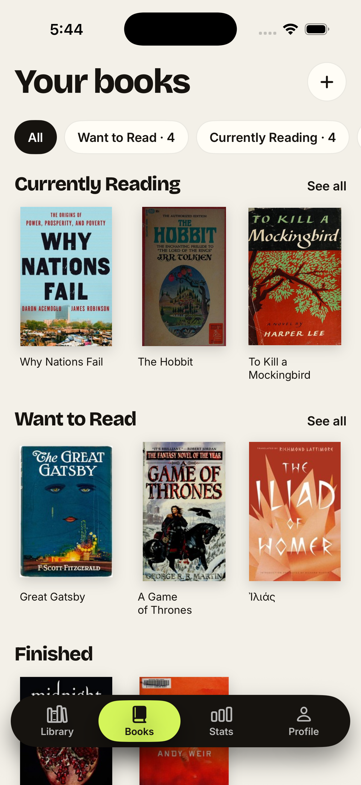 QuietReads app showing currently reading, want to read, and finished books